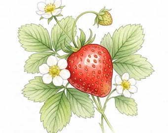 野生イチゴの植物イラスト、果実画像（JPG/PNGデジタルダウンロード