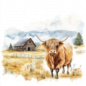 12 Rustic Highland Cow Clipart, Farm Barn Clipart, Countryside Clipart, Printable Watercolor Clipart, High Quality JPGs, Digital Download, Paper Craft, Junk Journals, Scrapbooking, Commercial Use, Instant Download - 11