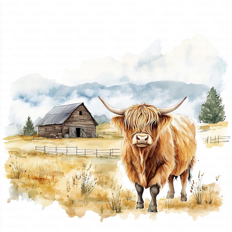 12 Rustic Highland Cow Clipart, Farm Barn Clipart, Countryside Clipart, Printable Watercolor Clipart, High Quality JPGs, Digital Download, Paper Craft, Junk Journals, Scrapbooking, Commercial Use, Instant Download - 11