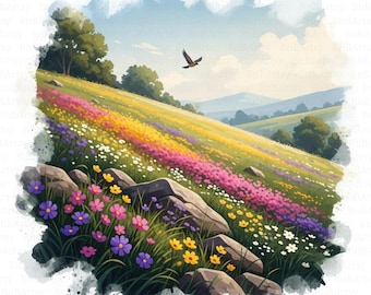 12 Wildflower Meadow Clipart, Hillside Landscape, Printable Watercolor Clipart, High Quality JPGs, Digital Download, Journals, Papercraft