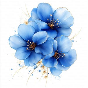 May include: Watercolor illustration of blue flowers with gold accents. The flowers have multiple layered petals and detailed stamens. The artwork is set against a white background, with subtle gold and blue paint splatters.
