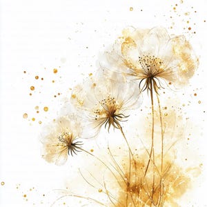May include: Watercolor painting of three white flowers with gold accents and speckles on a white background. The flowers have delicate petals and brown stems, creating an elegant and artistic floral design.