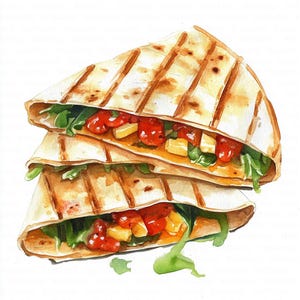Puede incluir: Ilustración en acuarela de tres quesadillas apiladas. Las tortillas están a la parrilla con marcas de parrilla visibles. Los rellenos incluyen salsa roja, queso amarillo y verduras de hoja verde. La imagen está sobre un fondo blanco.