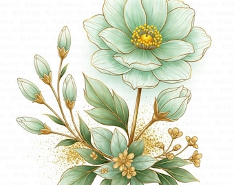 18 Green Watercolor Floral Clipart, Mint Green Clipart, Gold Flowers, Printable Watercolor, High Quality JPG, Digital Download, Junk Journal