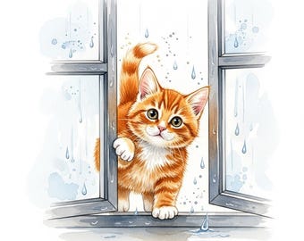 14 Ginger Orange Kitten Window Clipart, Cute Cats, Printable Watercolor Clipart, Nursery Cat, High Quality JPG, Digital Download, Papercraft