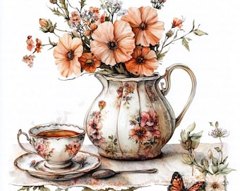 10 Vintage Floral Teapot Clipart, Tea Party Clipart, Printable Watercolor Clipart, High Quality JPGs, Digital Download, Paper Craft, Journal