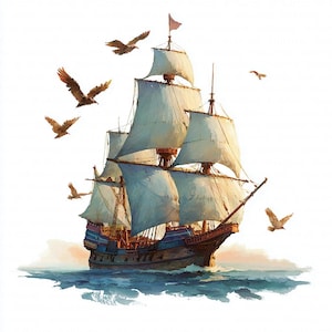 May include: Watercolor painting of a tall sailing ship on the ocean, with white sails and a brown hull. Several birds are flying around the ship. The sky is white.