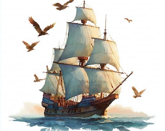 May include: A watercolour painting of a sailing ship with white sails and a brown hull, sailing on the sea. Several birds are flying around the ship. The sky is white.