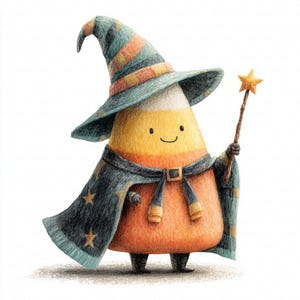 May include: A whimsical illustration of a candy corn character dressed as a wizard. The character wears a blue and orange striped hat and a dark blue cape with gold stars. It holds a star-tipped wand, perfect for Halloween.