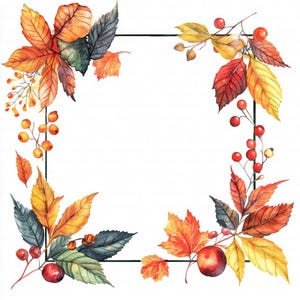 May include: Watercolor illustration of an autumn-themed square frame. The frame is decorated with colorful leaves in shades of orange, yellow, and red, along with red berries. The leaves and berries are arranged around the frame's edges.