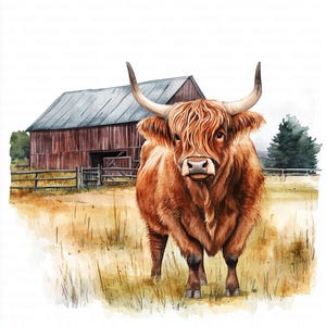 12 Rustic Highland Cow Clipart, Farm Barn Clipart, Countryside Clipart, Printable Watercolor Clipart, High Quality JPGs, Digital Download, Paper Craft, Junk Journals, Scrapbooking, Commercial Use, Instant Download - 03