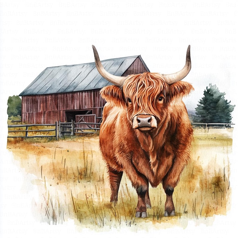 12 Rustic Highland Cow Clipart, Farm Barn Clipart, Countryside Clipart, Printable Watercolor Clipart, High Quality JPGs, Digital Download, Paper Craft, Junk Journals, Scrapbooking, Commercial Use, Instant Download - 03