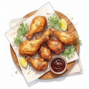 May include: An illustration of fried chicken drumsticks and wings, some sprinkled with sesame seeds, arranged on a wooden board with a paper liner. Garnished with lemon wedges, microgreens, and a small bowl of dark dipping sauce.