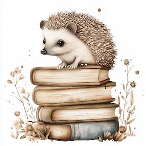Peut inclure: Illustration à l'aquarelle d'un mignon hérisson perché sur une pile de quatre livres. Le hérisson est brun clair et crème, avec un dos épineux. Les livres sont de différentes nuances de marron et de beige, avec des accents floraux.