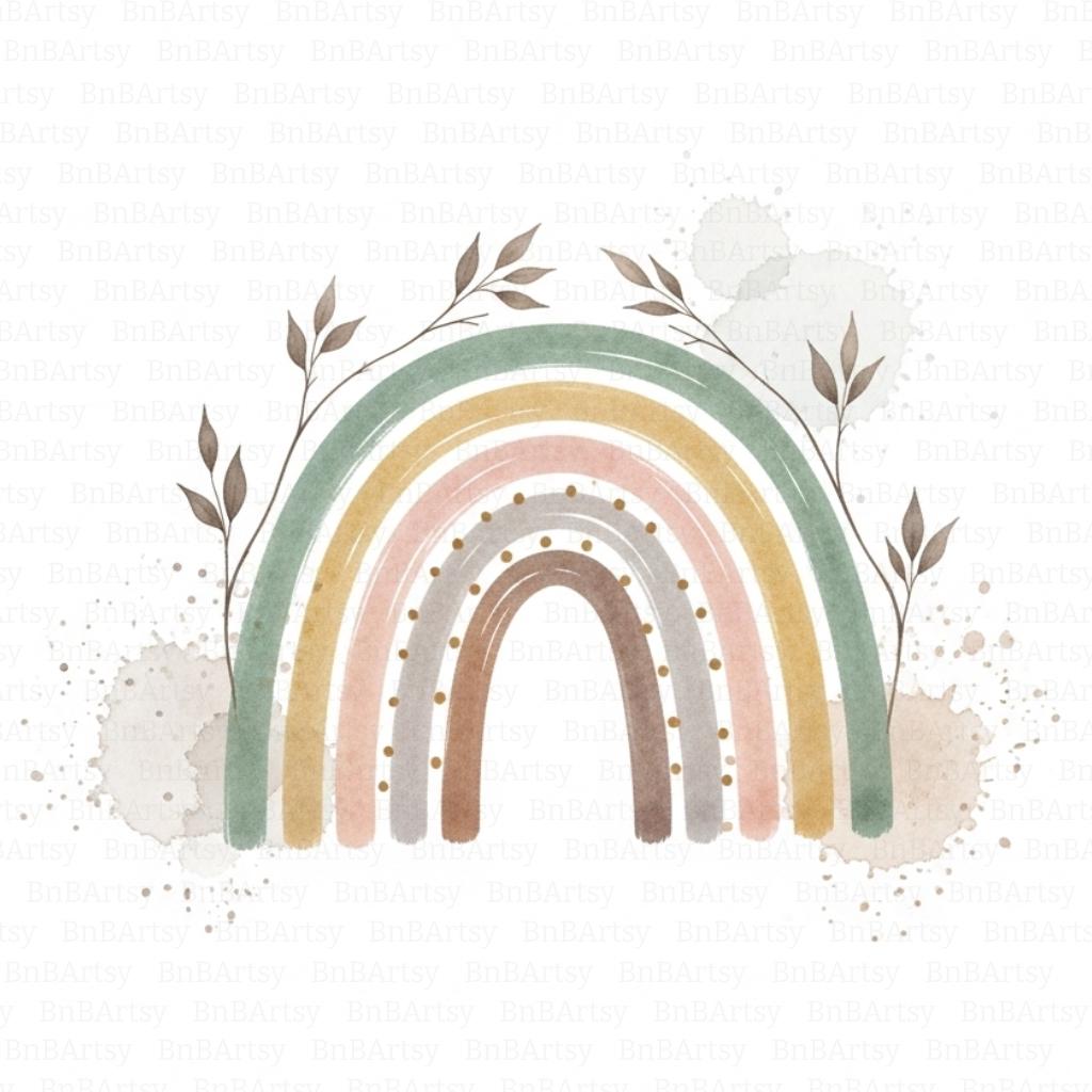 15 Boho Pastel Rainbow Clipart With Leaves, Nursery Rainbow Art, Baby ...