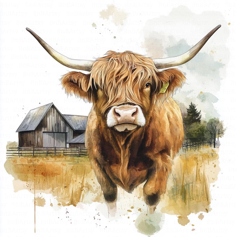 12 Rustic Highland Cow Clipart, Farm Barn Clipart, Countryside Clipart, Printable Watercolor Clipart, High Quality JPGs, Digital Download, Paper Craft, Junk Journals, Scrapbooking, Commercial Use, Instant Download - 02