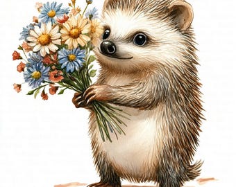 11 Cute Hedgehog Holding Flower Bouquet Clipart, Printable Watercolor Clipart, High Quality JPGs, Digital Download, Papercraft, Junk Journal