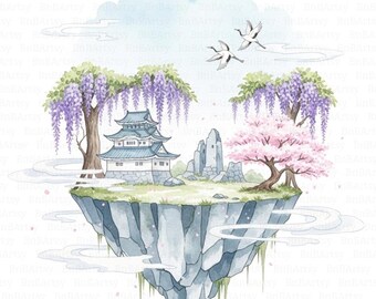 12 cliparts japonais d'île flottante, fantaisie asiatique, japonais surréaliste, clipart aquarelle, fichiers JPG de haute qualité, téléchargement numérique, Papercraft
