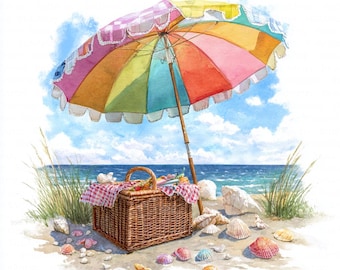 Clipart de sombrilla de picnic en la playa con acuarela, 9 imágenes imprimibles de vacaciones de verano (descarga digital, uso comercial)