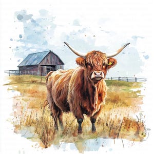 12 Rustic Highland Cow Clipart, Farm Barn Clipart, Countryside Clipart, Printable Watercolor Clipart, High Quality JPGs, Digital Download, Paper Craft, Junk Journals, Scrapbooking, Commercial Use, Instant Download - 07