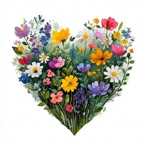 Könnte beinhalten: Aquarellmalerei eines herzförmigen Arrangements aus Wildblumen. Die Blumen sind in verschiedenen Farben gehalten, darunter Gelb, Rosa, Lila, Weiß und Blau, mit grünem Laub. Das Kunstwerk befindet sich auf weißem Hintergrund.