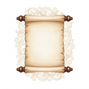 May include: An illustrated parchment scroll with wooden dowels. The scroll is a light tan colour, with a blank space for text. The dowels are dark brown. The background features a decorative swirl design in a lighter tan colour.