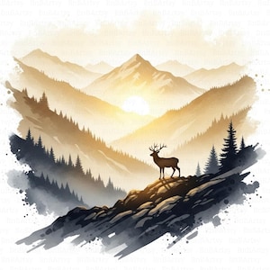 May include: Watercolor painting of a mountain landscape with a deer silhouette. The artwork features layers of mountains in shades of brown and gold, with a setting sun and dark green trees. The deer stands on a rocky outcrop.