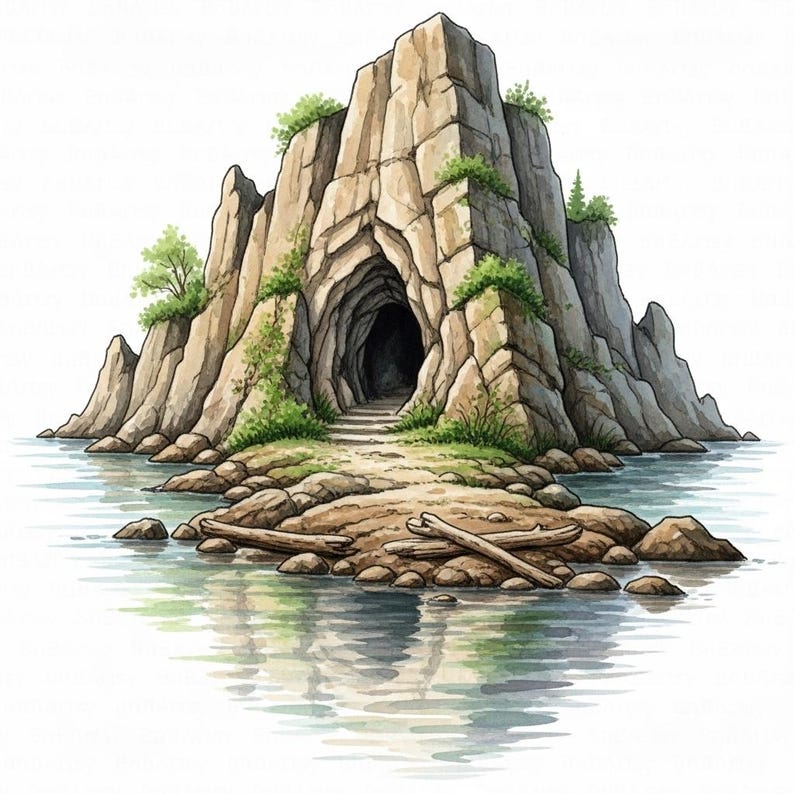 Hidden Cave Clipart, 14 Printable Watercolor Rocky Island (digital ...