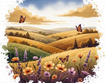 11 Immagini clipart di paesaggi collinari ad acquerello, scene naturalistiche, clipart ad acquerello stampabili, JPG di alta qualità, download digitale, diario