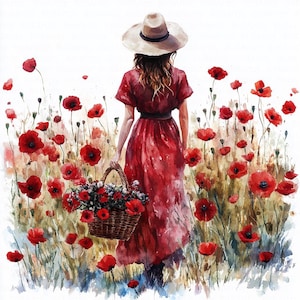 Op de afbeelding: Aquarel schilderij van een persoon in een rode jurk en een strohoed, die door een veld met rode klaprozen loopt. De persoon draagt een mand vol bloemen. Het kunstwerk heeft een zachte, impressionistische stijl.