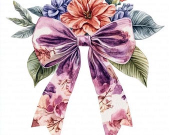 14 Floral Bow Clipart, Printed Ribbon Bow, Printable Watercolor Clipart, High Quality JPGs, Digital Download, Paper Craft, Junk Journals