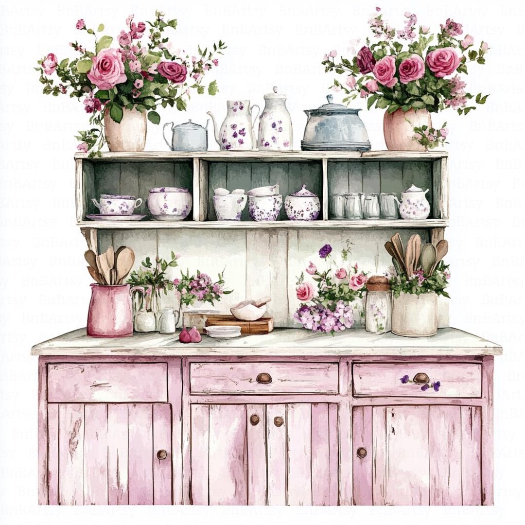 10 Shabby Chic Kitchen Clipart, Floral Kitchen, Printable Watercolor ...