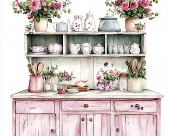May include: A watercolour illustration of a pink kitchen dresser, displaying teacups, teapots, and decorative jars. The dresser is decorated with bouquets of pink roses and other flowers. Wooden spoons and a mortar and pestle are also visible.