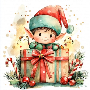 10 lekfulla jultomte-clipart, tomte-tittande clipart, utskrivbara akvarell-clipart, högkvalitativa JPG-bilder, digital nedladdning, papperspyssel