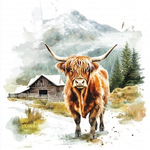 12 Rustic Highland Cow Clipart, Farm Barn Clipart, Countryside Clipart, Printable Watercolor Clipart, High Quality JPGs, Digital Download, Paper Craft, Junk Journals, Scrapbooking, Commercial Use, Instant Download - 06