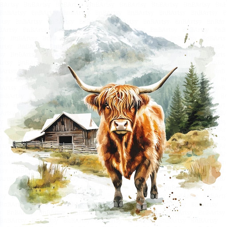 12 Rustic Highland Cow Clipart, Farm Barn Clipart, Countryside Clipart, Printable Watercolor Clipart, High Quality JPGs, Digital Download, Paper Craft, Junk Journals, Scrapbooking, Commercial Use, Instant Download - 06