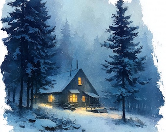 10 Snow Cabin Clipart, Winter Cottage, Christmas Cabin, Printable Watercolor Clipart, High Quality JPGs, Digital Download, Paper Craft