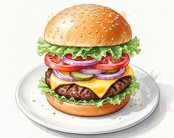 Klassieke cheeseburger, afdrukbare aquarel voedsel clipart (digitale download, commercieel gebruik jpg's)