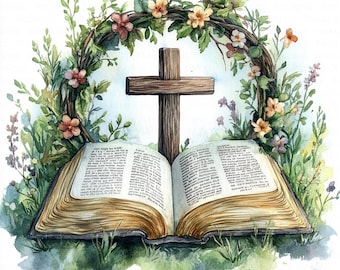 14 immagini clipart della Bibbia con croce, motivi floreali cristiani, clipart ad acquerello stampabili, JPG di alta qualità, download digitale, lavori di cartoleria, junk journal