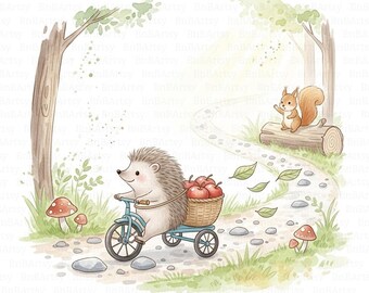 11 Whimsical Hedgehog Clipart, Woodland Animals Clip Art, Printable Watercolor Clipart, High Quality JPGs, Junk Journals, Paper Crafts