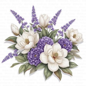 May include: A digital illustration of a floral arrangement featuring white magnolia blossoms, purple chrysanthemums, and lavender sprigs. The flowers are surrounded by green leaves, creating a natural and elegant design. The artwork is set against a white background.