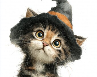 11 Cute Spooky Cat Clipart, Halloween kitten in Witch Hat, Printable Watercolor Clipart, High Quality JPGs, Digital Download, Junk Journals
