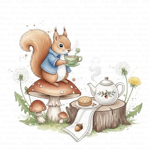 May include: Watercolor illustration of a squirrel enjoying tea. The squirrel, wearing a blue jacket, sits on a mushroom. A teapot, cookies, and an acorn are on a tree stump. Dandelions and other plants surround the scene.