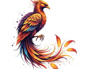 Fiery Phoenix Clipart, 11 Printable Watercolor Fantasy Birds (Digital Download, Commercial Use JPGs)