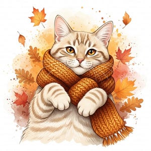 May include: A watercolor illustration of a tabby cat wearing a chunky orange scarf. The cat has orange eyes and is surrounded by autumn leaves in shades of orange and brown. The background has a watercolor effect.