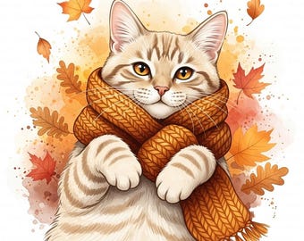 Könnte beinhalten: Aquarellillustration einer getigerten Katze mit einem dicken, orangefarbenen Schal. Die Katze hat orangefarbene Augen und ist von Herbstblättern in Orange- und Brauntönen umgeben. Der Hintergrund hat einen Aquarelleffekt.