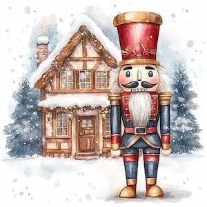 Könnte beinhalten: Aquarell-Illustration eines Weihnachts-Nussknackers in blau-roter Uniform, vor einem schneebedeckten Häuschen und Tannenbäumen stehend. Der Nussknacker hat einen roten Hut und einen weißen Bart, was eine festliche Stimmung erzeugt.
