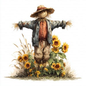 Könnte beinhalten: Aquarellillustration einer freundlichen Vogelscheuche mit Strohhut, blauer Jacke und brauner Hose. Die Vogelscheuche steht inmitten von Sonnenblumen und hohem Gras, was ein Erntethema hervorruft.