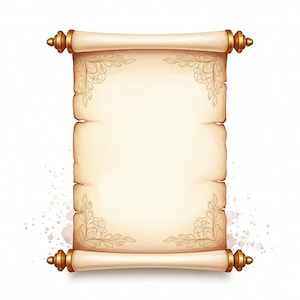 May include: A vintage scroll with a blank parchment center, adorned with floral corner designs. The scroll is rolled at the top and bottom, with gold-colored finials. The paper has a weathered, aged appearance, suggesting an antique document.