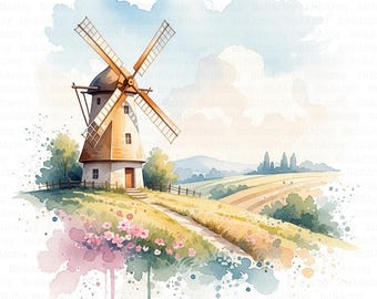 14 imágenes prediseñadas de molinos de viento, paisajes con molinos de viento, pinturas de molinos de viento, acuarelas imprimibles, archivos JPG de alta calidad, descarga digital, álbumes de recortes